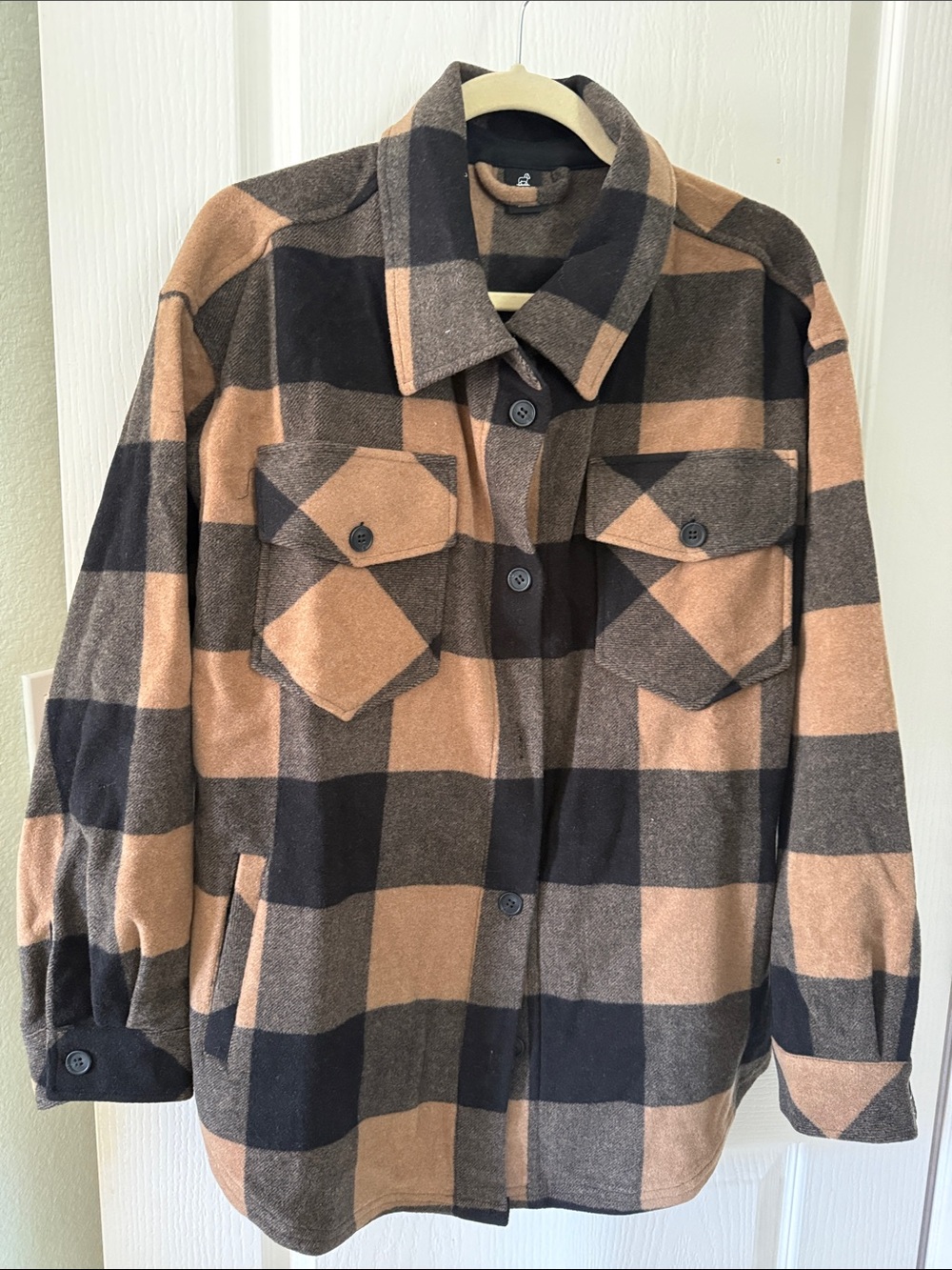 Neutral Plaid Button-Up Shacket in Tan and Black